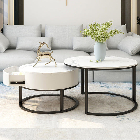 Modern round slate coffee tables set by FLIPSTYLEZLLC, featuring nesting tables with sleek drawers and smooth slate surfaces.