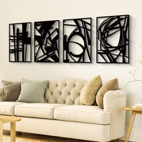 Black Abstract Metal Wall Art: Minimalist 4-Pack Decor - Modern Home & Kitchen