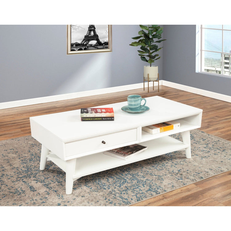 White Flynn mid-century modern coffee table with mahogany solid wood, drawer storage, and splayed legs from Alpine Furniture.