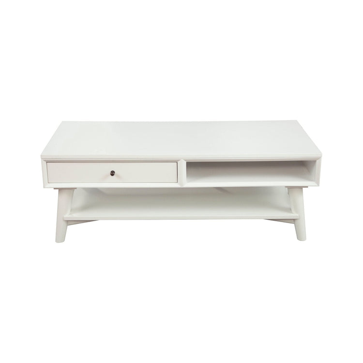 White Flynn mid-century modern coffee table by Alpine Furniture with mahogany wood, drawer storage, and splayed legs.
