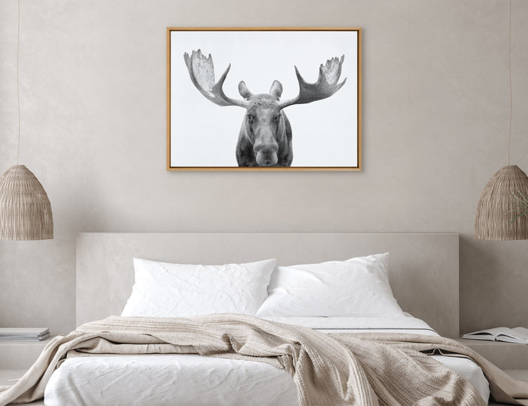 Black and white moose framed canvas wall art by Amy Peterson Art Studio showcasing a detailed moose illustration.