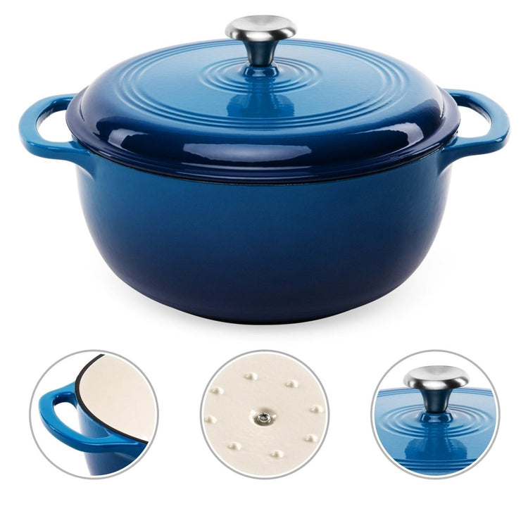 6 Quart Large Blue Enamel Cast-Iron Dutch Oven Kitchen Cookware - Modern Home & Kitchen