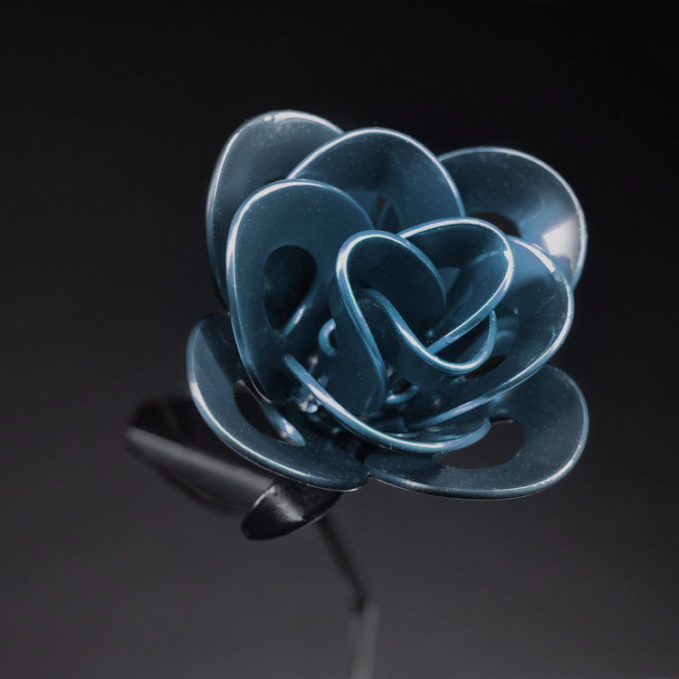 Light blue and black steel immortal rose made from recycled metal, decorative home and garden garden accent by Turquoise Poppy