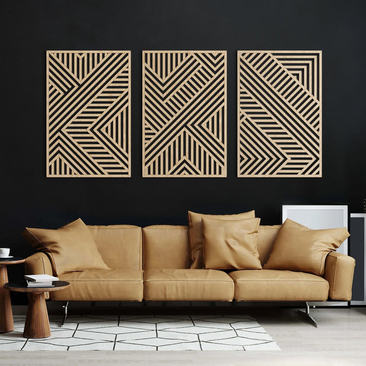 Modern geometric trio wood wall art set with CNC laser-cut panels, minimalist design, decorative wall decor by VARBROS.
