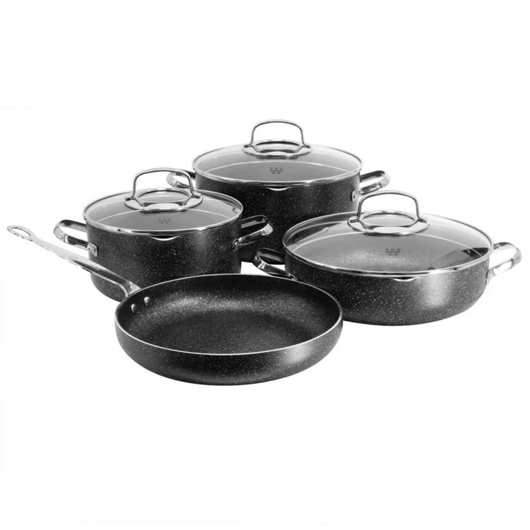 Silver 7-piece non-stick aluminum cookware set by Jupiter Gear Home, including pots and pans with handles on a kitchen countertop.