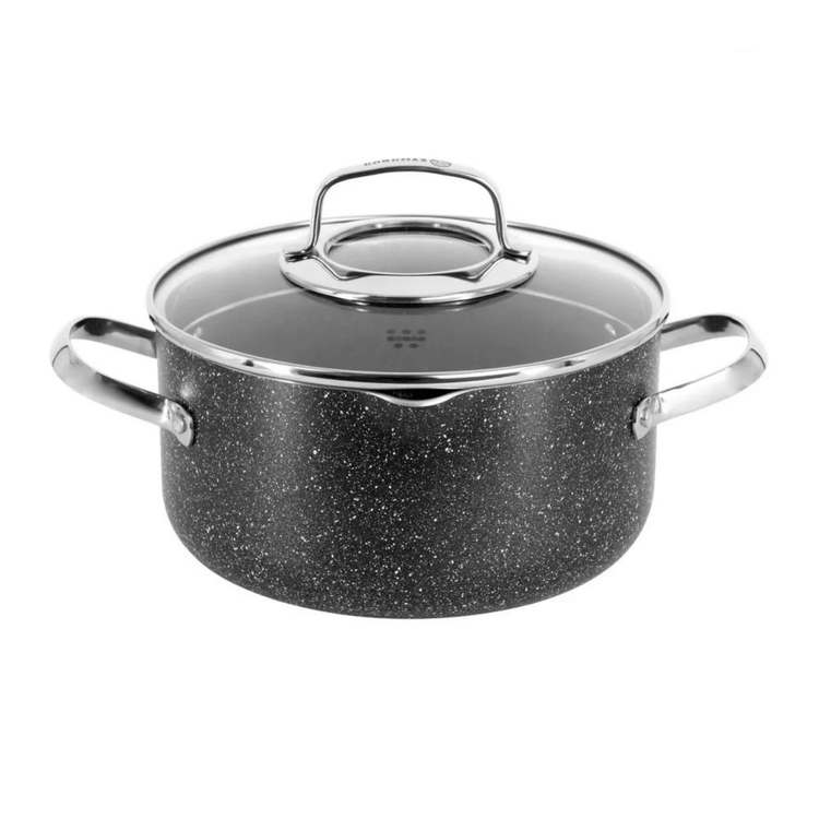 Seven-piece Jupiter Gear Home non-stick aluminum cookware set with silver pots and pans, including lids and handles.