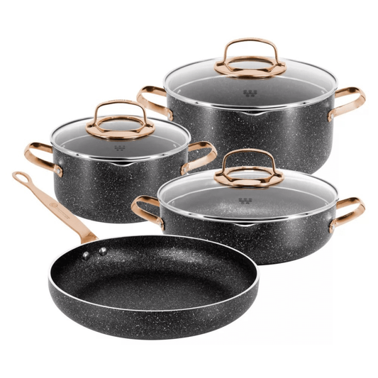 Jupiter Gear Home 7-piece non-stick aluminum cookware set with silver pots and pans, including lids, for versatile kitchen use.