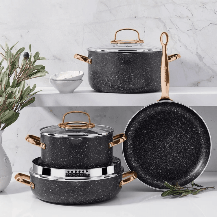 7-piece Jupiter Gear Home non-stick aluminum cookware set with silver pots and pans, suitable for everyday cooking.