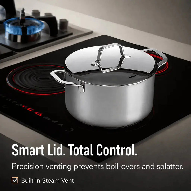 Alva Cookware 6-piece cookware set with stainless steel pots and pans, including lids, suitable for various cooking needs.