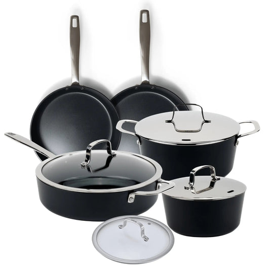 Alva Cookware 9-piece cookware set with pots, pans, and lids arranged on a stovetop for versatile cooking.