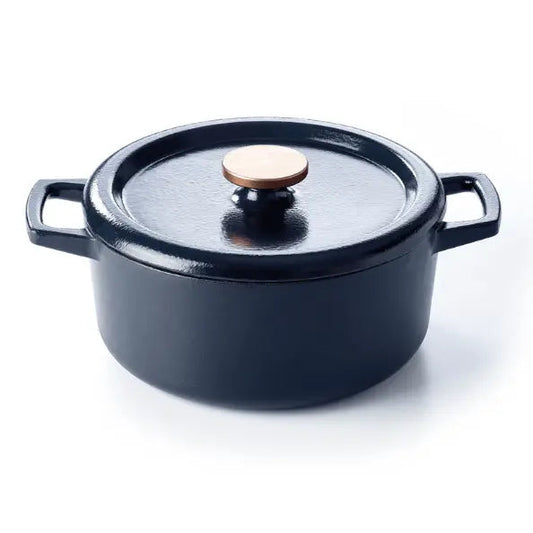 5 QT round Dutch oven by Alva Cookware, featuring a sturdy cast iron design with a smooth black finish.