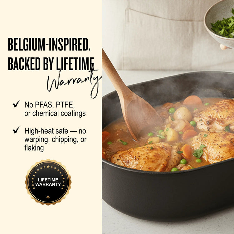 Alva Cookware 5-quart round Dutch oven with a black enamel finish and sturdy lid, ideal for versatile cooking.