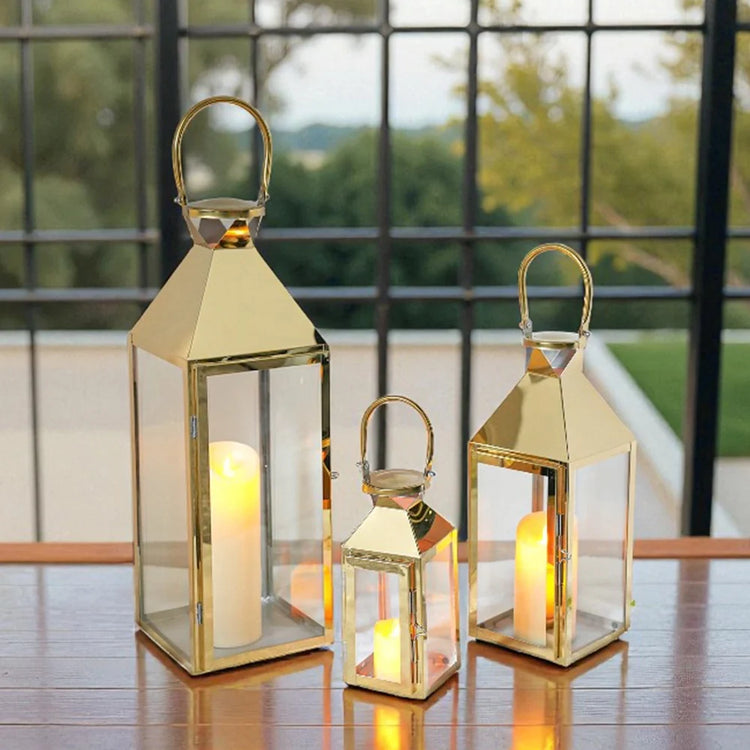 Candle Lantern Set of 3 — Iron and Tempered Glass Lanterns, 26", 19", 13"