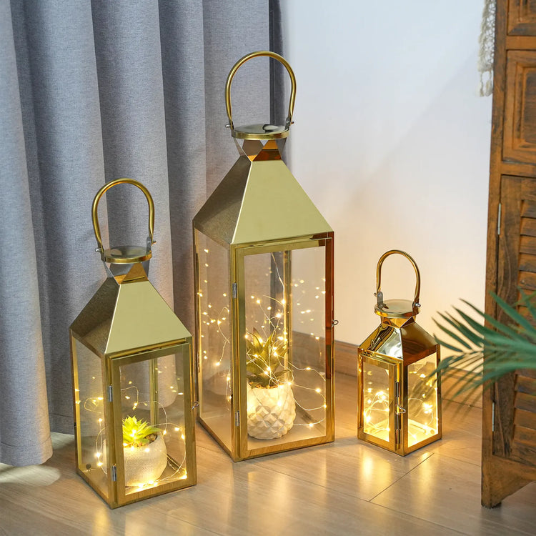 Candle Lantern Set of 3 — Iron and Tempered Glass Lanterns, 26", 19", 13"