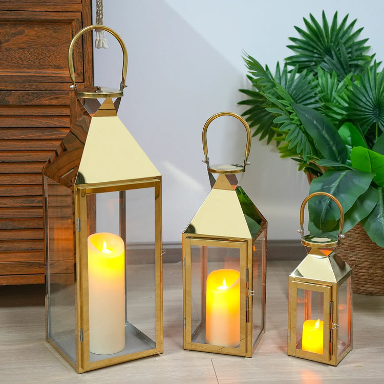 Candle Lantern Set of 3 — Iron and Tempered Glass Lanterns, 26", 19", 13"
