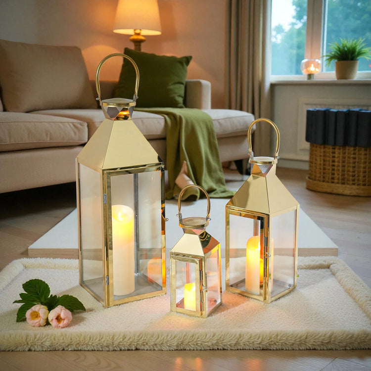 Candle Lantern Set of 3 — Iron and Tempered Glass Lanterns, 26", 19", 13"