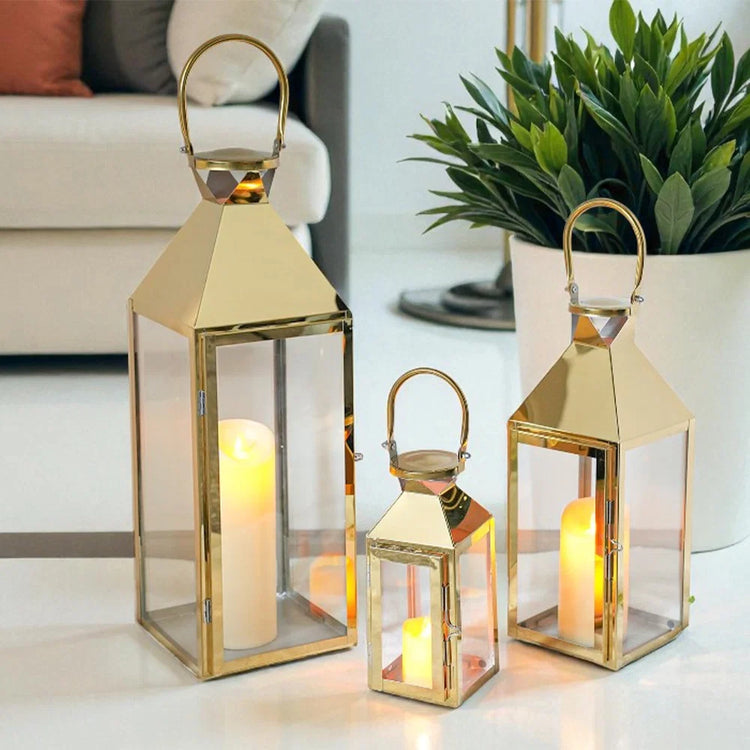 Candle Lantern Set of 3 — Iron and Tempered Glass Lanterns, 26", 19", 13"
