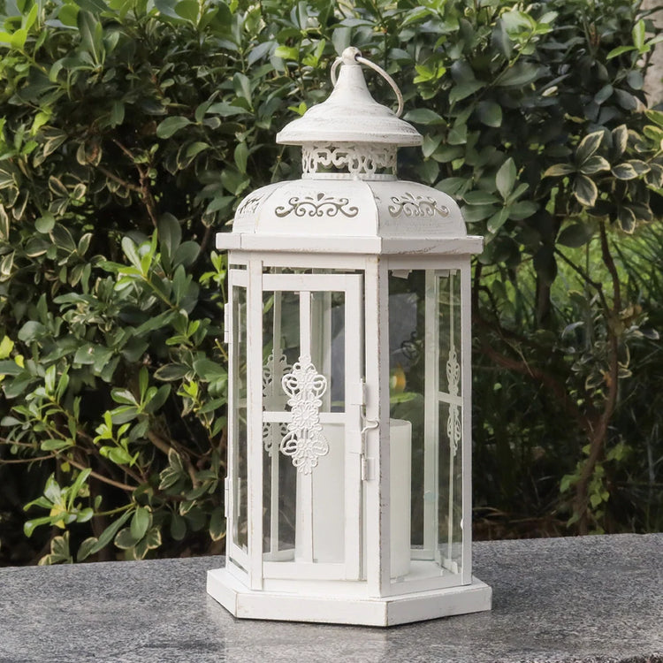 White 12-inch medium decorative candle lantern with gold brush accents, ideal for outdoor porch decor by JHY DESIGN.