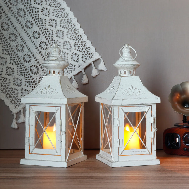 White and Gold Candle Lanterns — Set of 2, 11" Metal and Glass