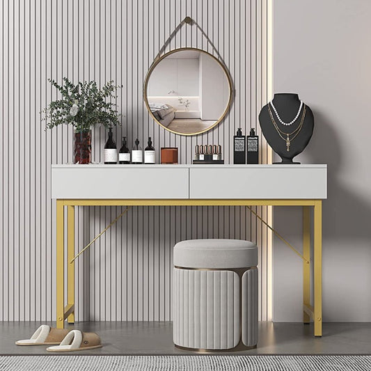 White Compact Makeup Table with Drawers - Modern Home & Kitchen