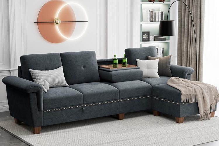 Dark Gray L-Shaped Sectional Sofa with Hidden Storage & Chaise - Modern Home & Kitchen