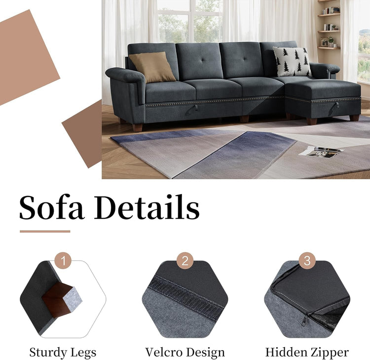 Dark Gray L-Shaped Sectional Sofa with Hidden Storage & Chaise - Modern Home & Kitchen