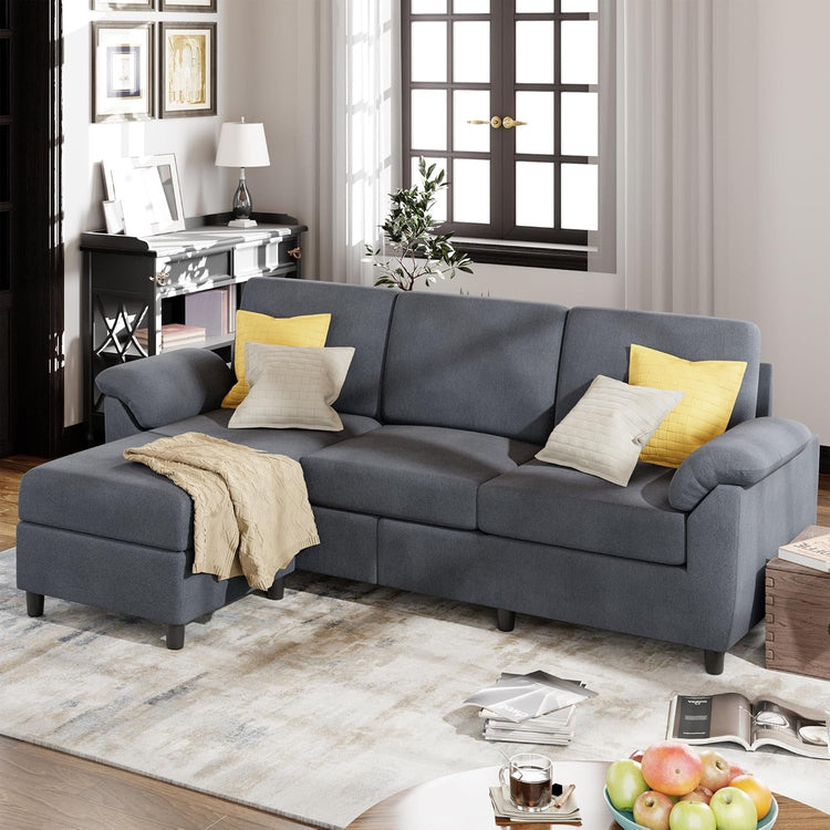 Gray Linen Sectional Sofa with Pillows - Modern Home & Kitchen