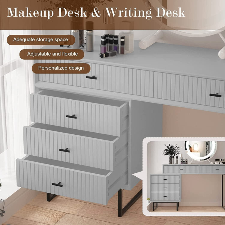 Modern White Vanity Desk – 5-Drawer Adjustable Layout with Side Cabinet - Modern Home & Kitchen