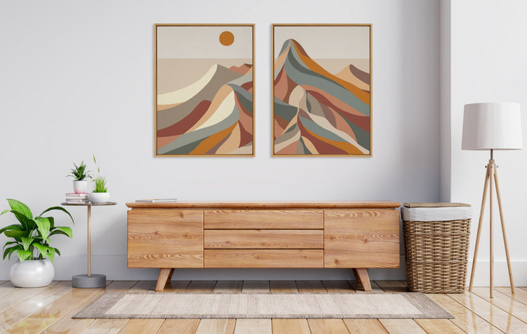 Modern mountain canvas wall art set by kateandlaurel, framed mid-century decor with scenic mountain landscape images.