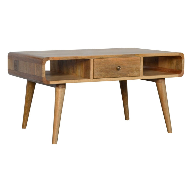 Solid Mango Wood Coffee Table with Storage – Modern Rounded Design