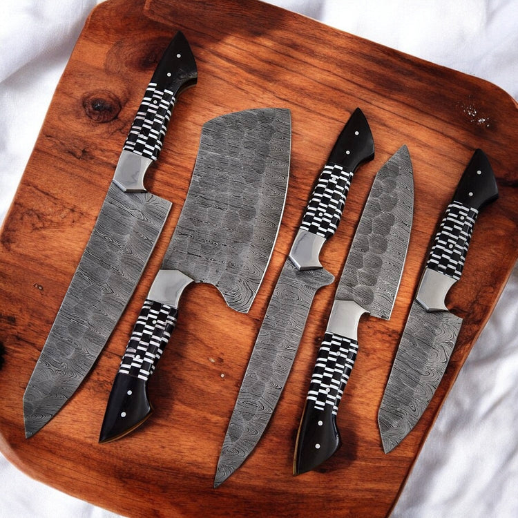Premium Damascus kitchen knives set with epoxy resin handles, featuring sharp blades and ergonomic design for precise culinary prep.