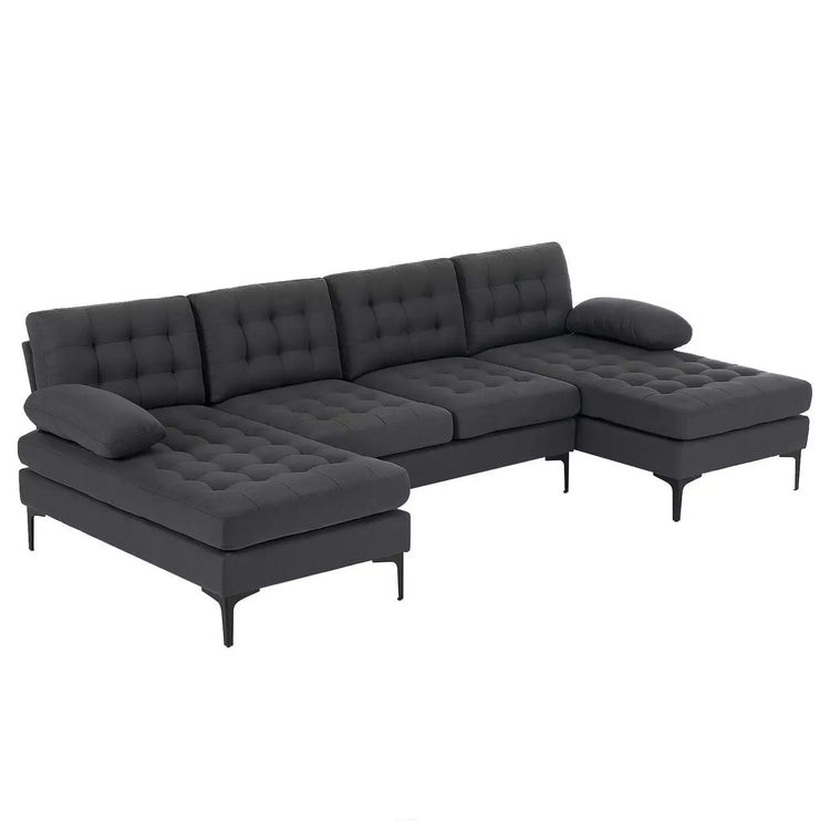 Contemporary U-shape sectional sofa by Canva Home with cotton linen fabric, gold plated feet, and 110-inch width.