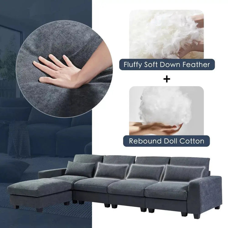 Canva Home oversized L-shape sectional sofa with linen fabric, four pillows, 129-inch wide, sturdy and spacious seating.