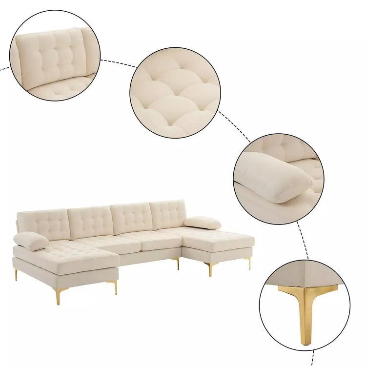 Contemporary U-shape sectional sofa by Canva Home with cotton linen fabric, gold plated feet, and 110-inch width.