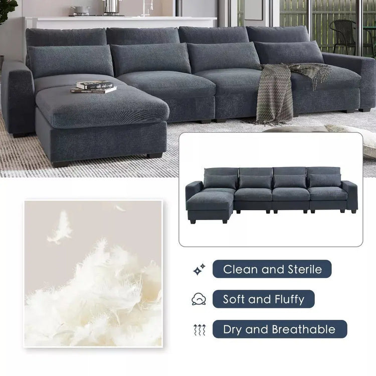 Canva Home oversized L-shape sectional sofa in linen fabric with four pillows, 129 inches wide and 1100 lb capacity, modular design.