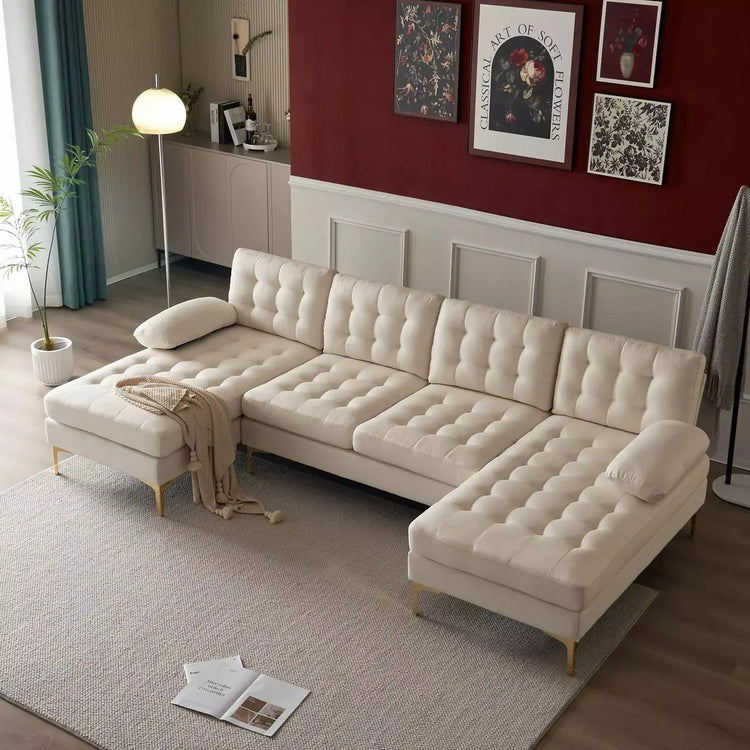 Contemporary U-shape sectional sofa with cotton linen upholstery, gold plated feet, 110-inch wide, Canva Home brand.