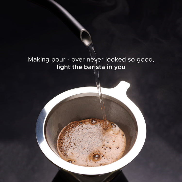 Saki Baristan gooseneck electric kettle with sleek black design, featuring a long, narrow spout for precise pouring.