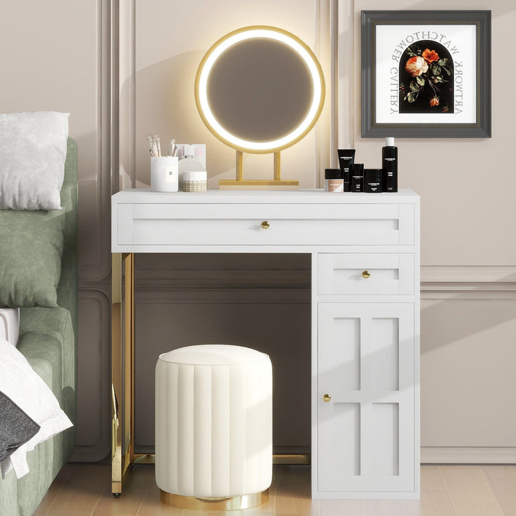 White & Gold Vanity Desk with LED Mirror – 2 Drawers, Cabinet & Touch Control Lighting - Modern Home & Kitchen