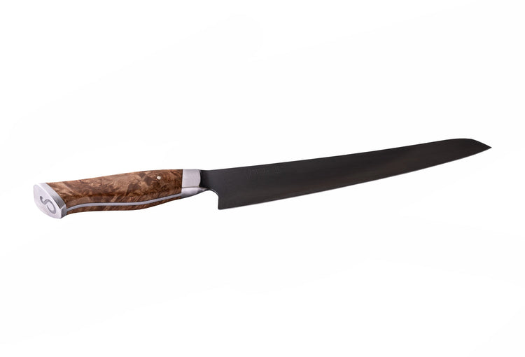 Side view of a 10-inch STEELPORT Kitchen Slicing Knife with a sharp stainless steel blade.