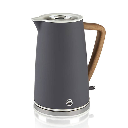 Swan Nordic 1.7L cordless stainless steel kettle with wood effect handle, 1500W rapid boil, modern kitchen appliance
