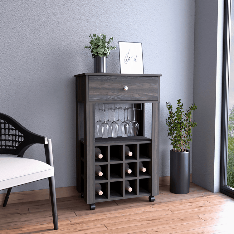 Bayamon Bar Cart – Contemporary Wine & Glass Storage with Drawer and Casters - Modern Home & Kitchen