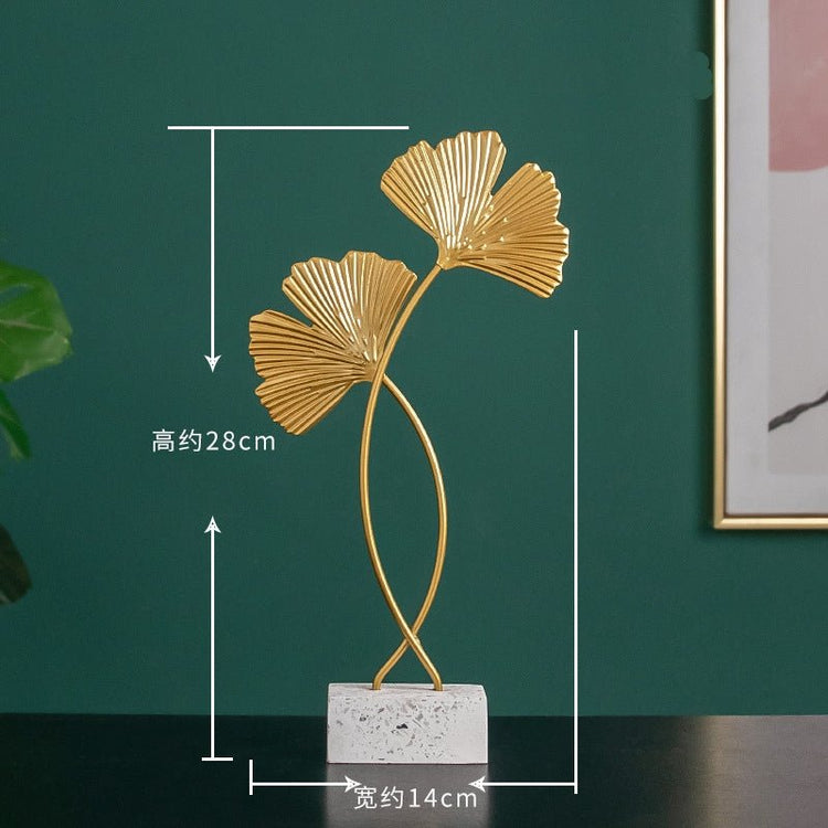 Golden Leaf Metal Sculpture on Wood Base – Ginkgo & Monstera - Modern Home & Kitchen
