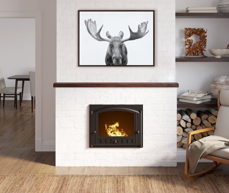 Black and white moose framed canvas wall art by Amy Peterson Art Studio, featuring detailed wildlife artwork.