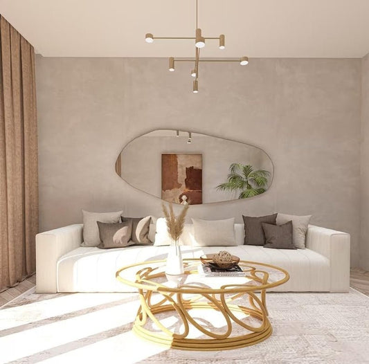 Modern asymmetrical wall mirror with organic curved design, adding artistic style and brightening a contemporary living space.