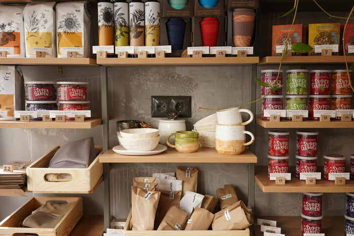 Modern wooden shelves with organized kitchen storage