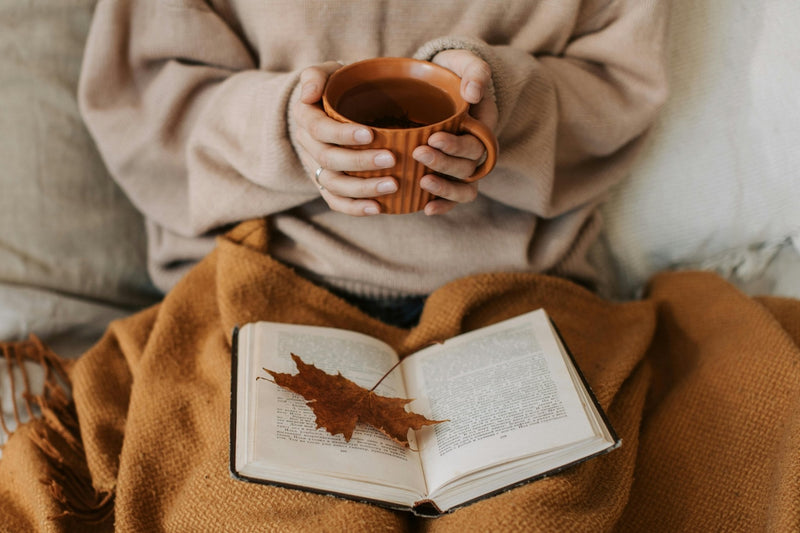 Cozy fall scene with person holding warm drink and open book on autumn blanket with dried maple leaf