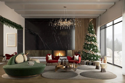 Modern living room with asymmetrical wall mirror reflecting twinkle lights and holiday decor