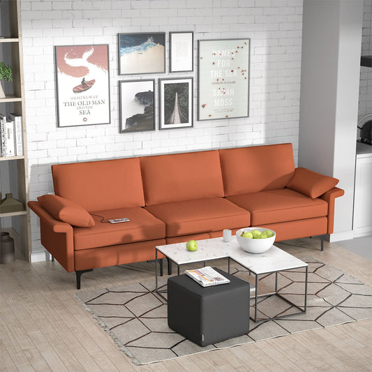 Large 3-seat linen fabric sectional sofa with metal legs, USB ports, and high-density cushions for comfortable seating.