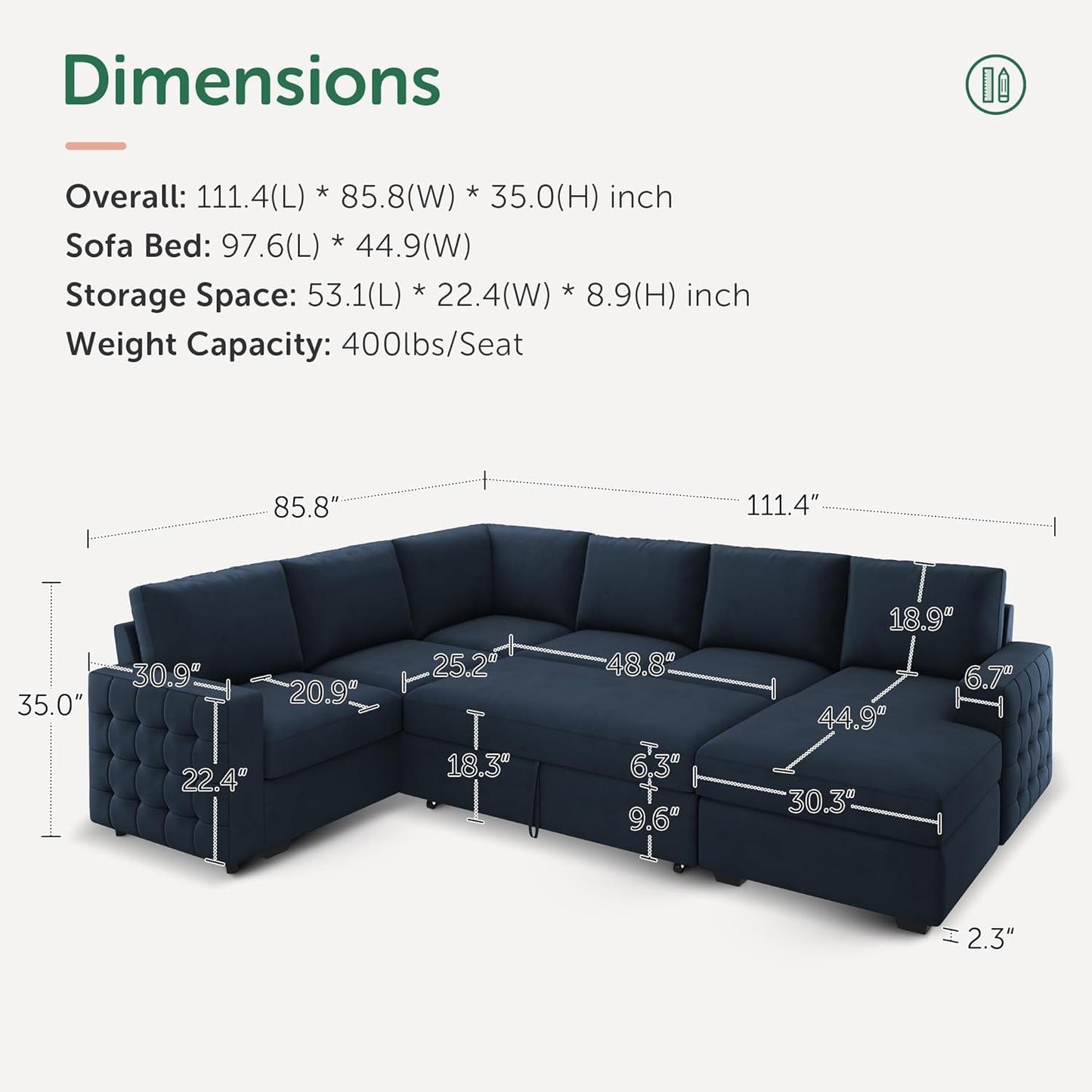 U-Shaped Sleeper Sofa with Storage