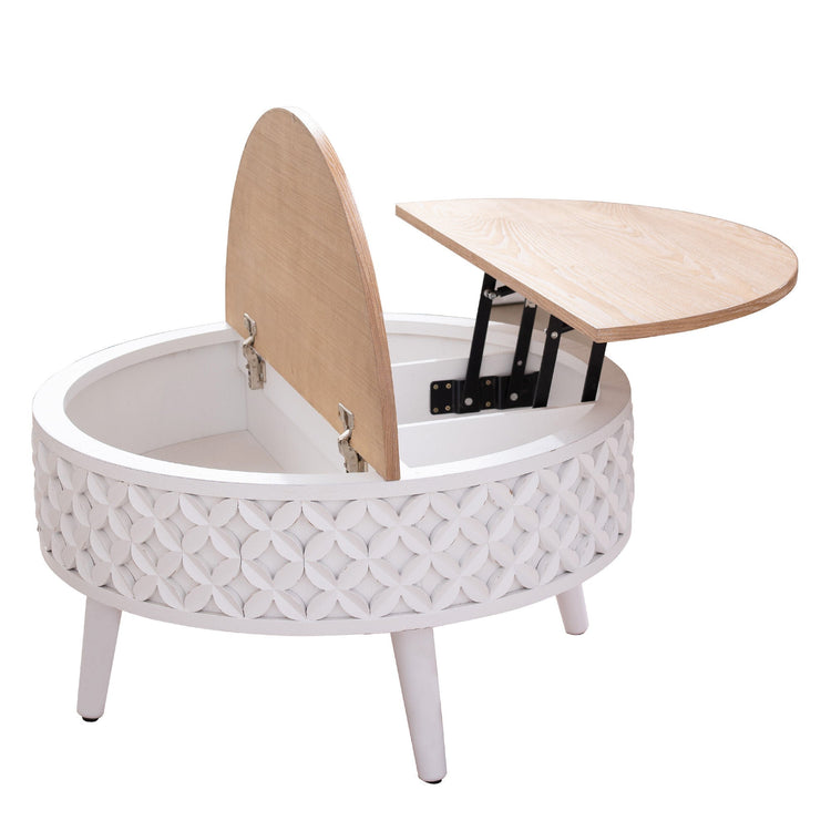 Boho farmhouse round lift-top coffee table with storage by HouseOfZazla, featuring a stylish design and practical storage space.